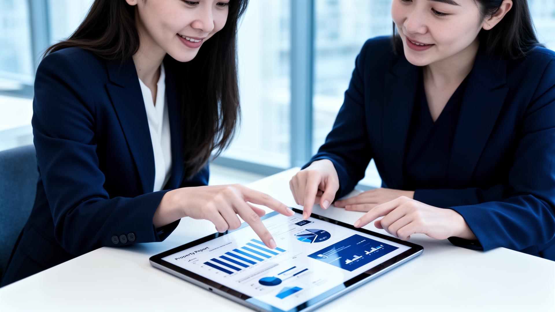 Een makelaar en klant bekijken samen een professioneel vastgoedrapport op een tablet