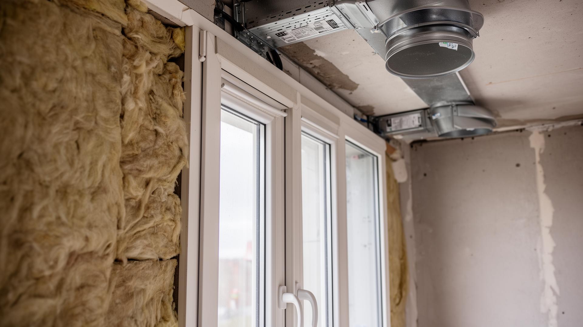 Detail van muurisolatie, beglazing en een ventilatiesysteem in renovatie