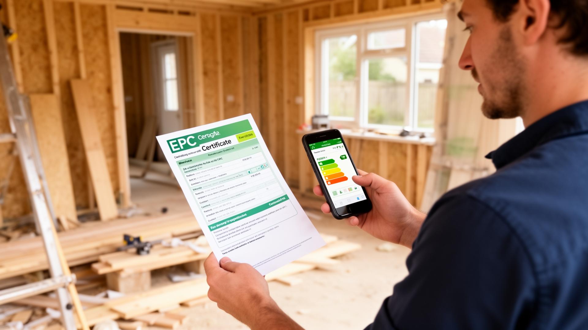 Een koper bekijkt een renovatiescan-rapport op zijn telefoon tijdens een woningbezoek