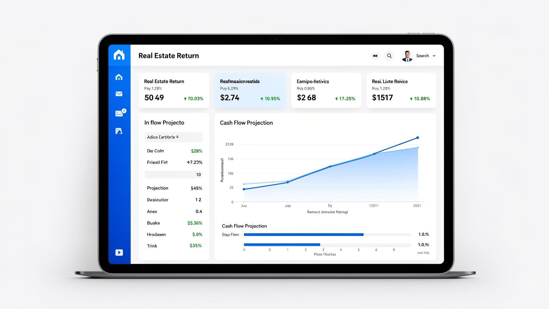 Een rapport op een tablet met rendementscijfers en een cashflow-projectie