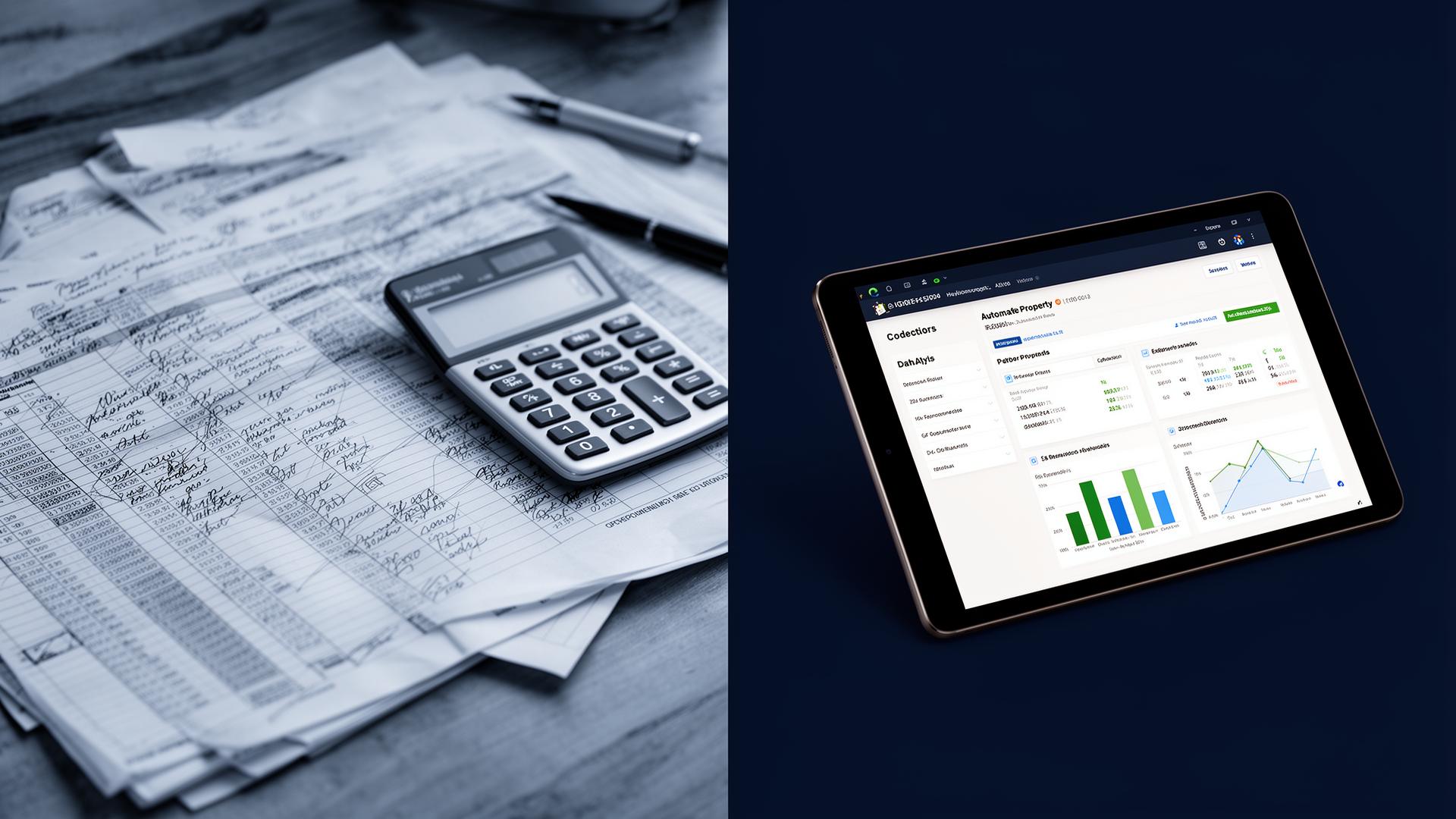Een papieren spreadsheet met handgeschreven notities naast een tablet met een geautomatiseerd vastgoedrapport