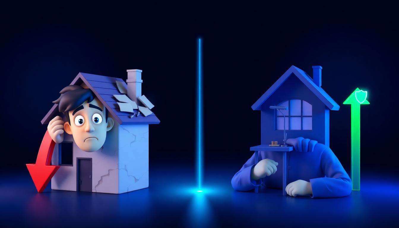 Illustratie van vermeden verrassingskosten bij vastgoedaankoop versus een veilige, gecontroleerde aankoop